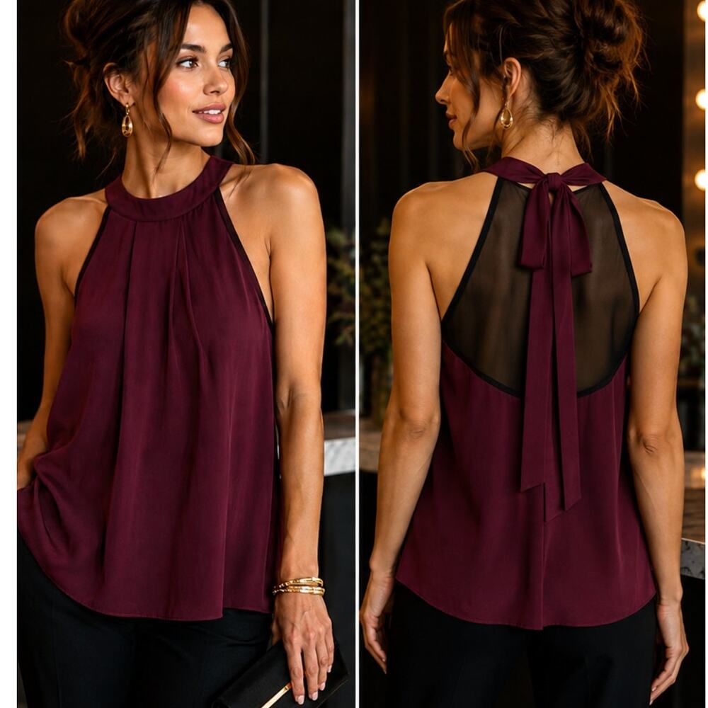Alice + Olivia Silk Halter Blouse S Eggplant Sheer Mesh Back Tie Racerback